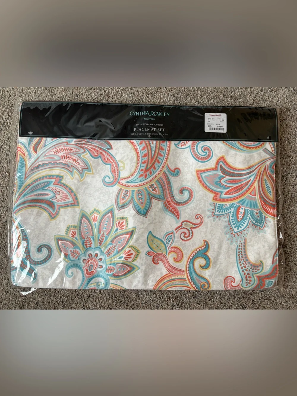CYNTHIA ROWLEY Set of 4 NEW Paisley Floral Placemats 13x19 Aqua Coral NIP